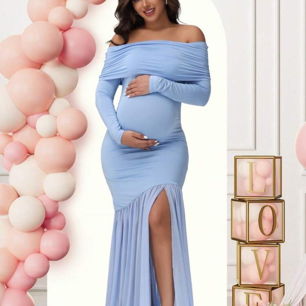 SHEIN Light Blue Off-Shoulder Maternity Gown